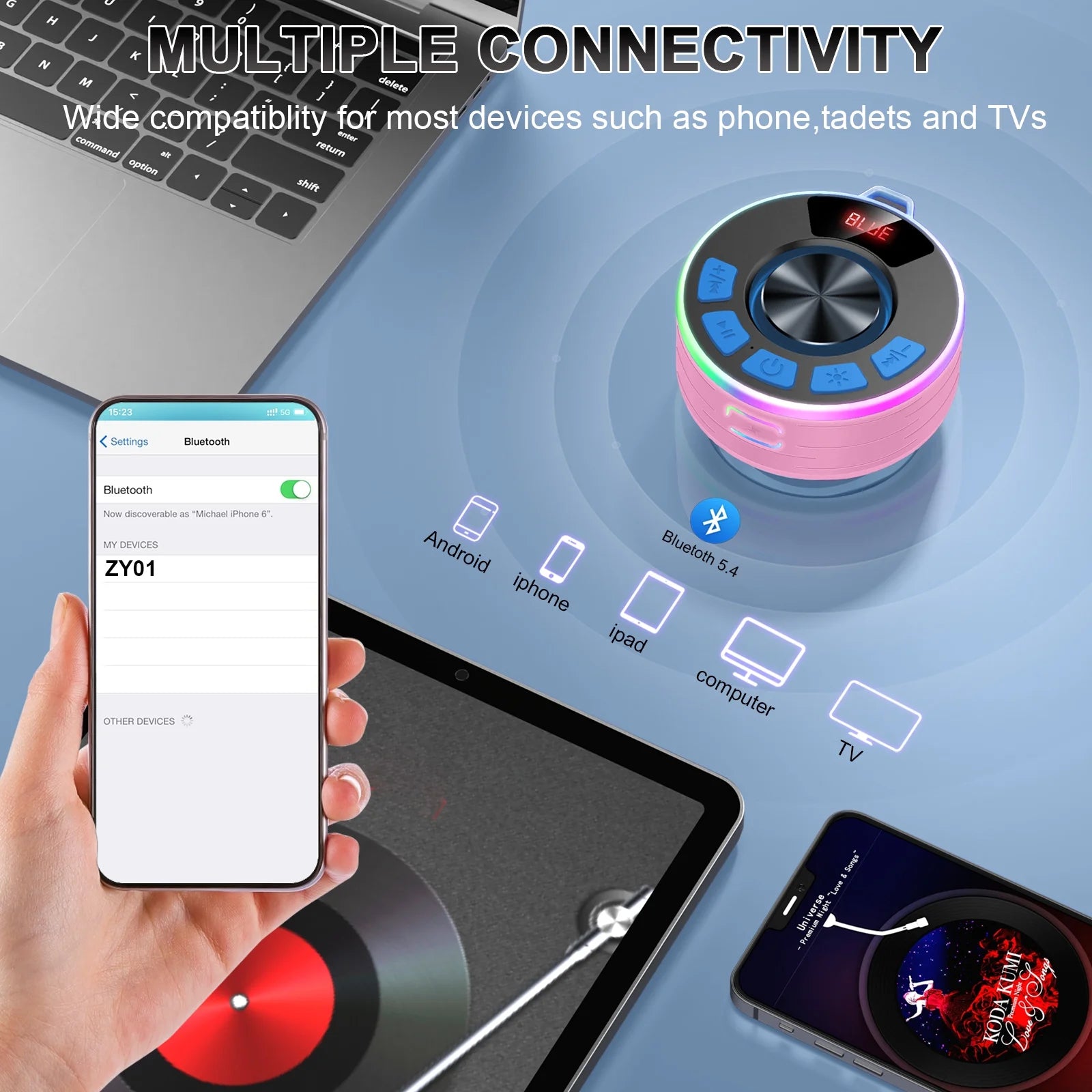 Bluetooth Speaker, Lpx7 Waterproof Shower Portable Speaker with LED Light, Bluetooth 5.4 HD Stereo Sound, Digital Display with Suction Cup, Wireless Speaker for Outdoor Party Beach Bathroom