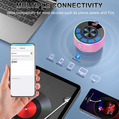 Bluetooth Speaker, Lpx7 Waterproof Shower Portable Speaker with LED Light, Bluetooth 5.4 HD Stereo Sound, Digital Display with Suction Cup, Wireless Speaker for Outdoor Party Beach Bathroom