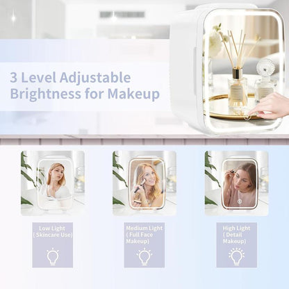 Mini Skincare Fridge with Dimmable LED Mirror,4Liter Cooler and Warmer for Makeup, Cosmetic, Beauty, Food, Small Refrigerator for Bedroomand Car Mini Fridge Minifridge Magic