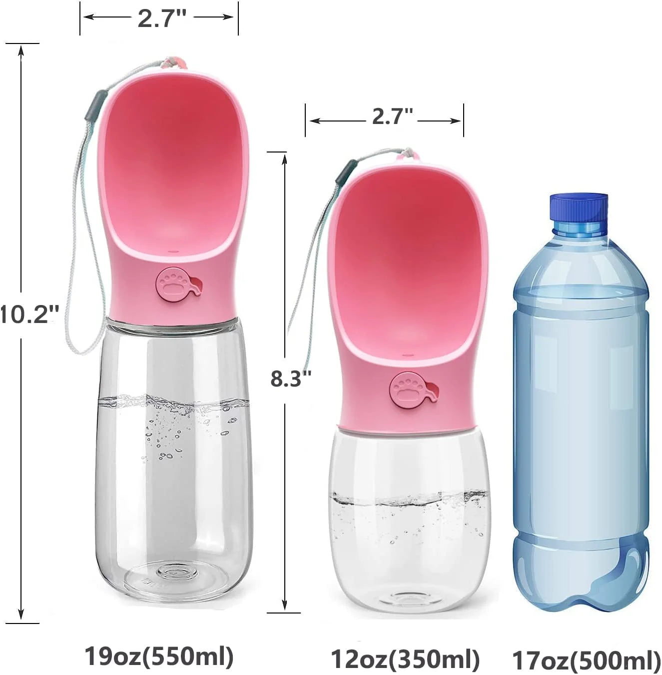 8.3*2.7" Dog Water Bottle, 12Oz Leak Proof Portable Puppy Water Dispenser with Drinking Feeder for Pets Outdoor Walking Hiking Travel Food Grade Plastic - Pink