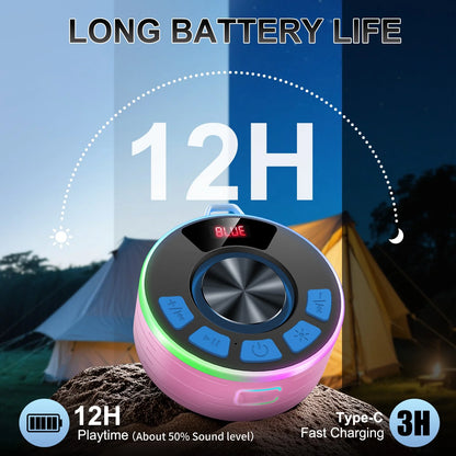 Bluetooth Speaker, Lpx7 Waterproof Shower Portable Speaker with LED Light, Bluetooth 5.4 HD Stereo Sound, Digital Display with Suction Cup, Wireless Speaker for Outdoor Party Beach Bathroom