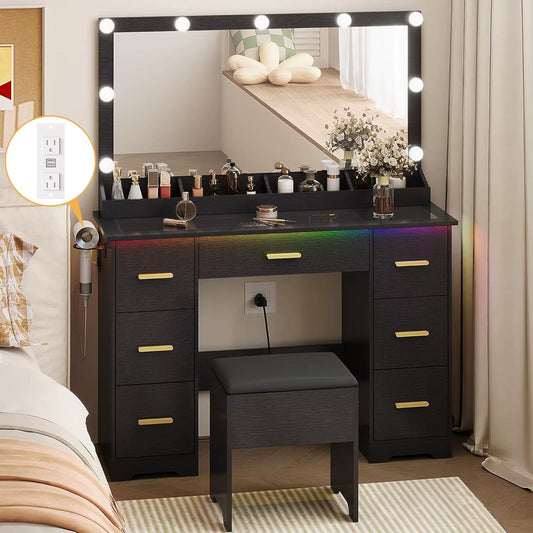 Large Vanity Desk with Mirror and Lights, Makeup Vanity with Mirror and LED Lights, RGB Cabinet & 3 Drawers, Makeup Desk With