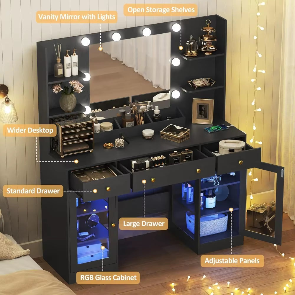 Large Vanity Desk with Mirror and Lights, Makeup Vanity with Mirror and LED Lights, RGB Cabinet & 3 Drawers, Makeup Desk With