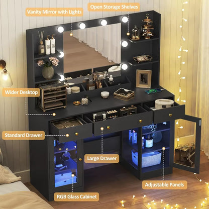 Large Vanity Desk with Mirror and Lights, Makeup Vanity with Mirror and LED Lights, RGB Cabinet & 3 Drawers, Makeup Desk With