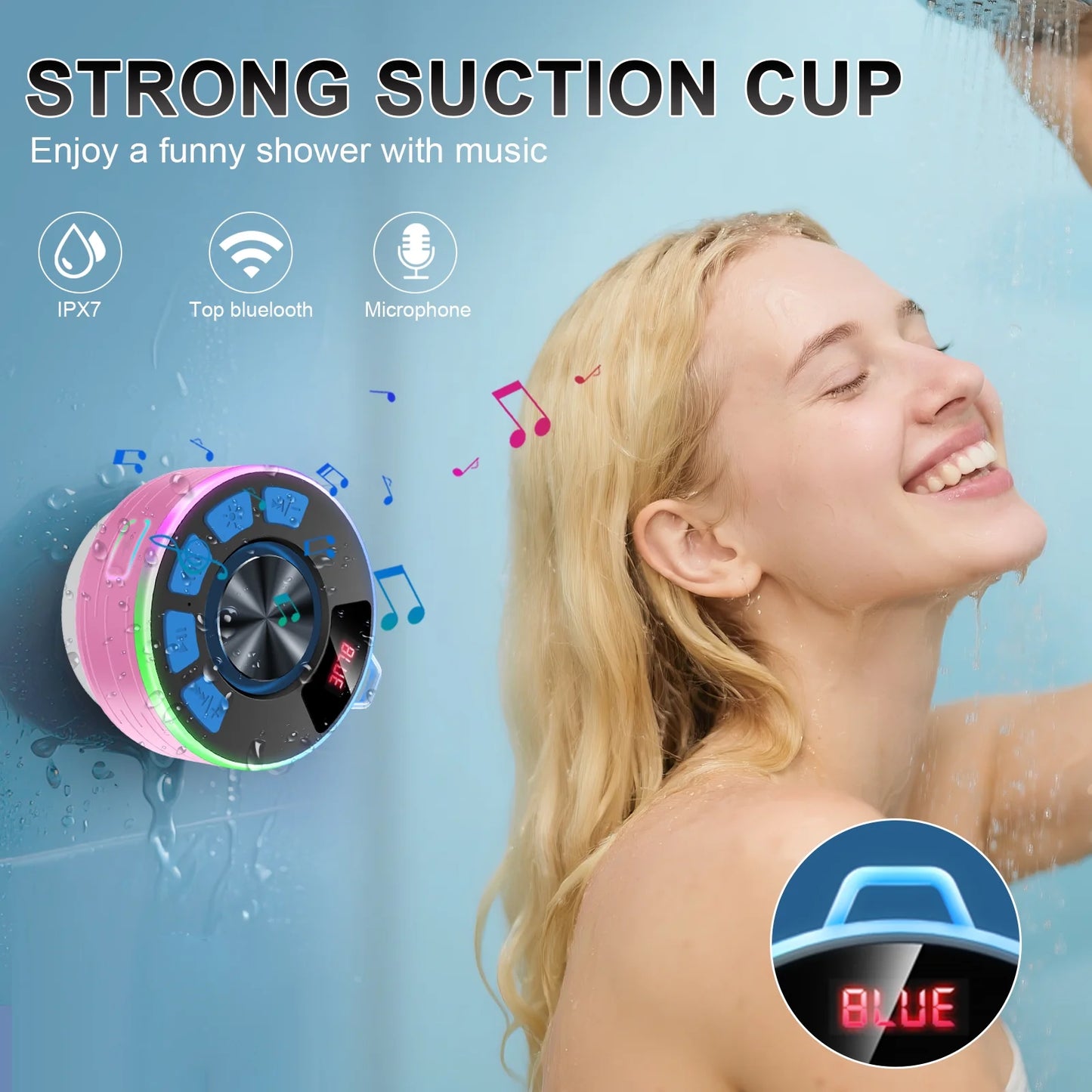 Bluetooth Speaker, Lpx7 Waterproof Shower Portable Speaker with LED Light, Bluetooth 5.4 HD Stereo Sound, Digital Display with Suction Cup, Wireless Speaker for Outdoor Party Beach Bathroom