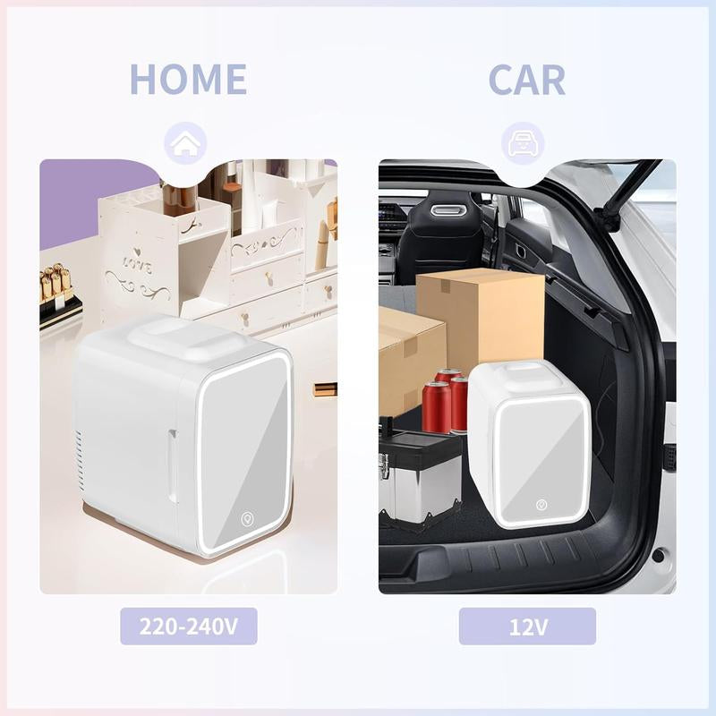 Mini Skincare Fridge with Dimmable LED Mirror,4Liter Cooler and Warmer for Makeup, Cosmetic, Beauty, Food, Small Refrigerator for Bedroomand Car Mini Fridge Minifridge Magic