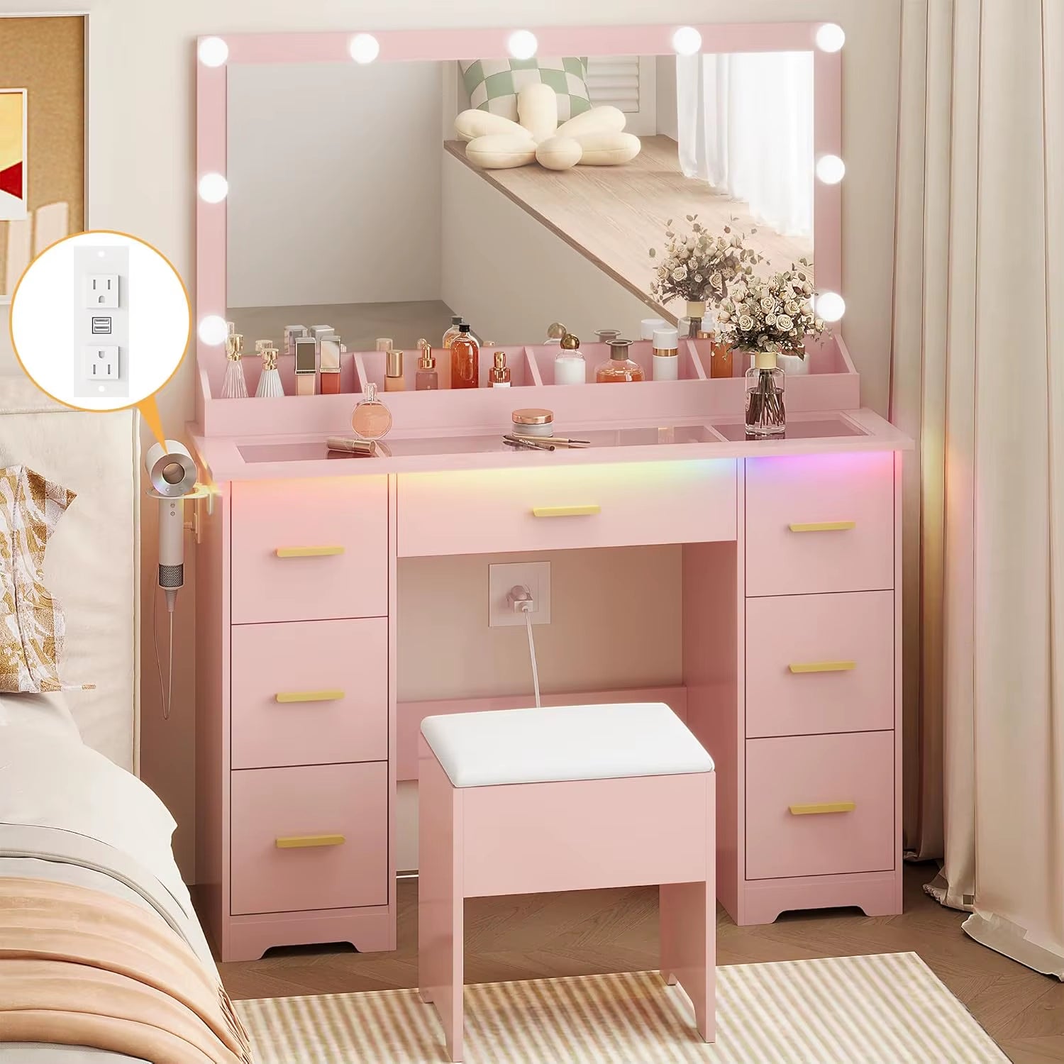 Large Vanity Desk with Mirror and Lights, Makeup Vanity with Mirror and LED Lights, RGB Cabinet & 3 Drawers, Makeup Desk With