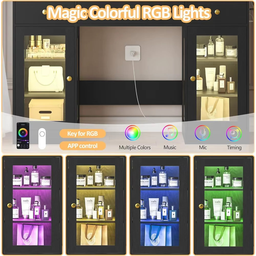 Large Vanity Desk with Mirror and Lights, Makeup Vanity with Mirror and LED Lights, RGB Cabinet & 3 Drawers, Makeup Desk With