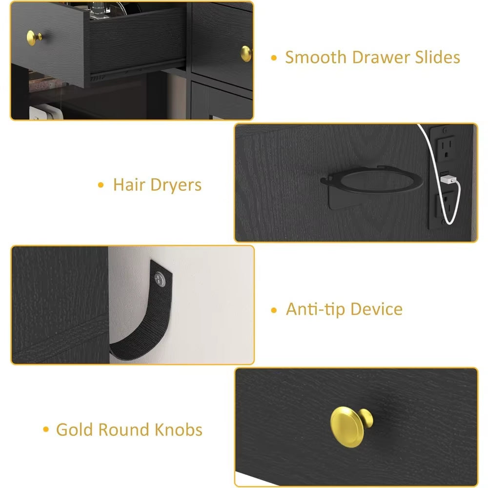 Large Vanity Desk with Mirror and Lights, Makeup Vanity with Mirror and LED Lights, RGB Cabinet & 3 Drawers, Makeup Desk With