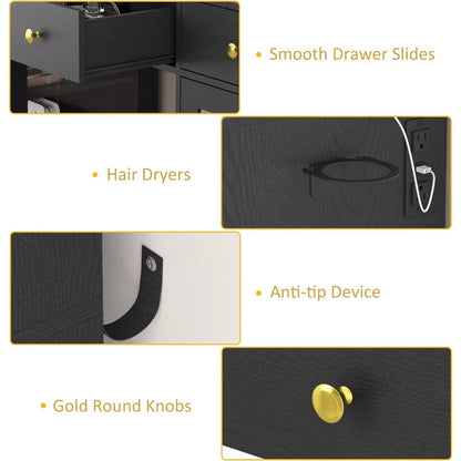 Large Vanity Desk with Mirror and Lights, Makeup Vanity with Mirror and LED Lights, RGB Cabinet & 3 Drawers, Makeup Desk With