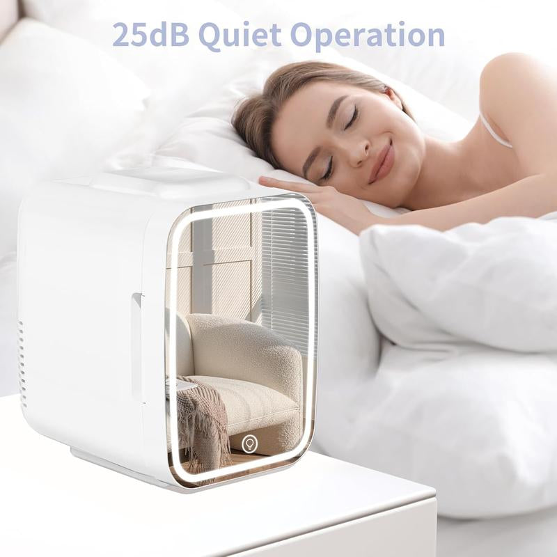 Mini Skincare Fridge with Dimmable LED Mirror,4Liter Cooler and Warmer for Makeup, Cosmetic, Beauty, Food, Small Refrigerator for Bedroomand Car Mini Fridge Minifridge Magic
