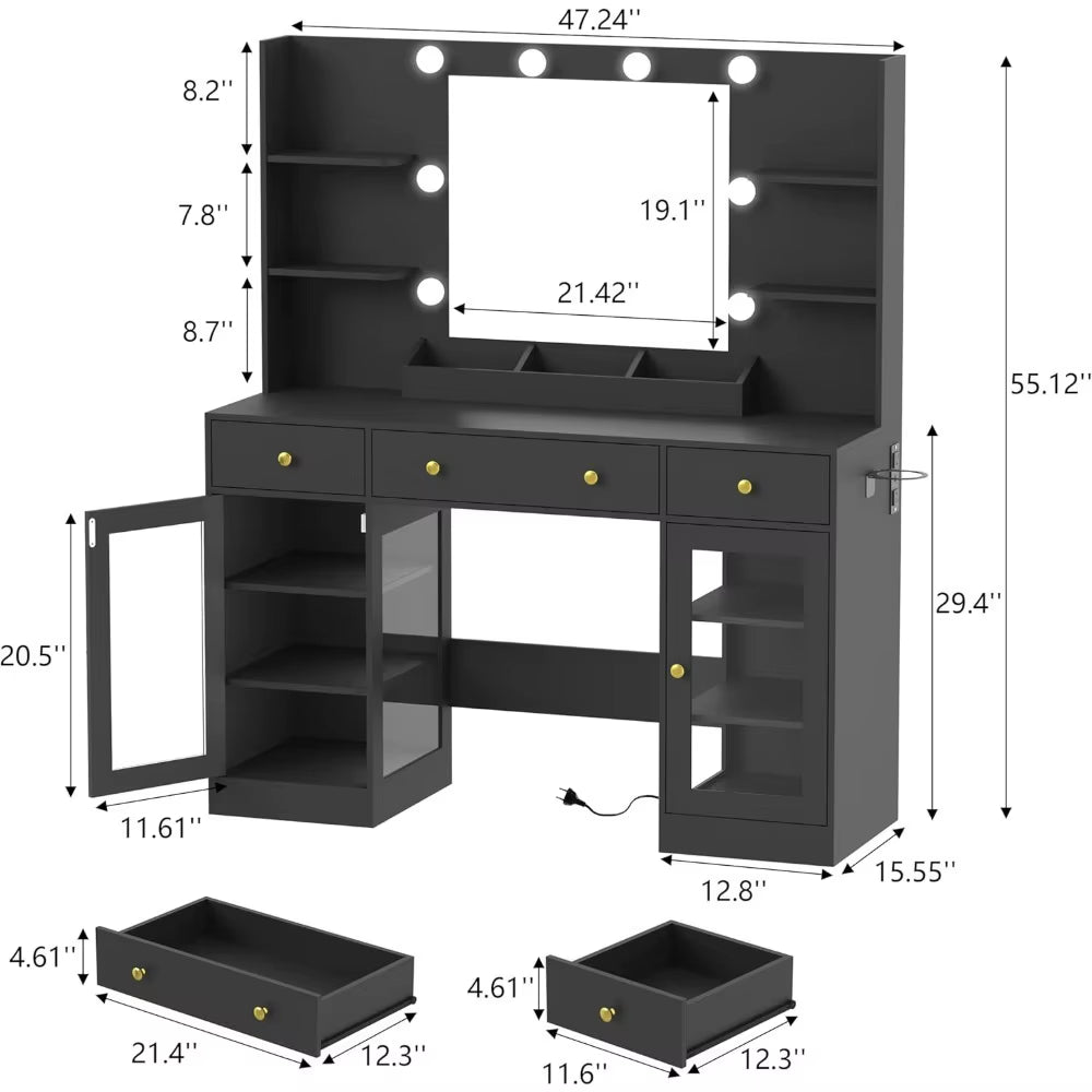 Large Vanity Desk with Mirror and Lights, Makeup Vanity with Mirror and LED Lights, RGB Cabinet & 3 Drawers, Makeup Desk With
