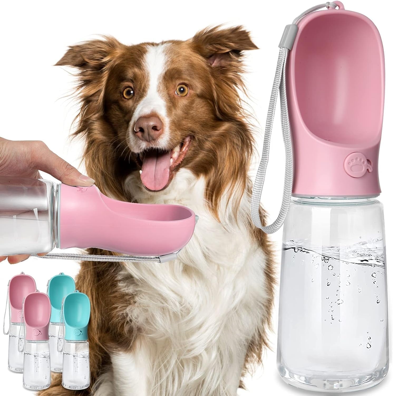 8.3*2.7" Dog Water Bottle, 12Oz Leak Proof Portable Puppy Water Dispenser with Drinking Feeder for Pets Outdoor Walking Hiking Travel Food Grade Plastic - Pink