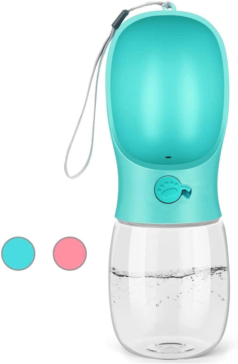 8.3*2.7" Dog Water Bottle, 12Oz Leak Proof Portable Puppy Water Dispenser with Drinking Feeder for Pets Outdoor Walking Hiking Travel Food Grade Plastic - Pink