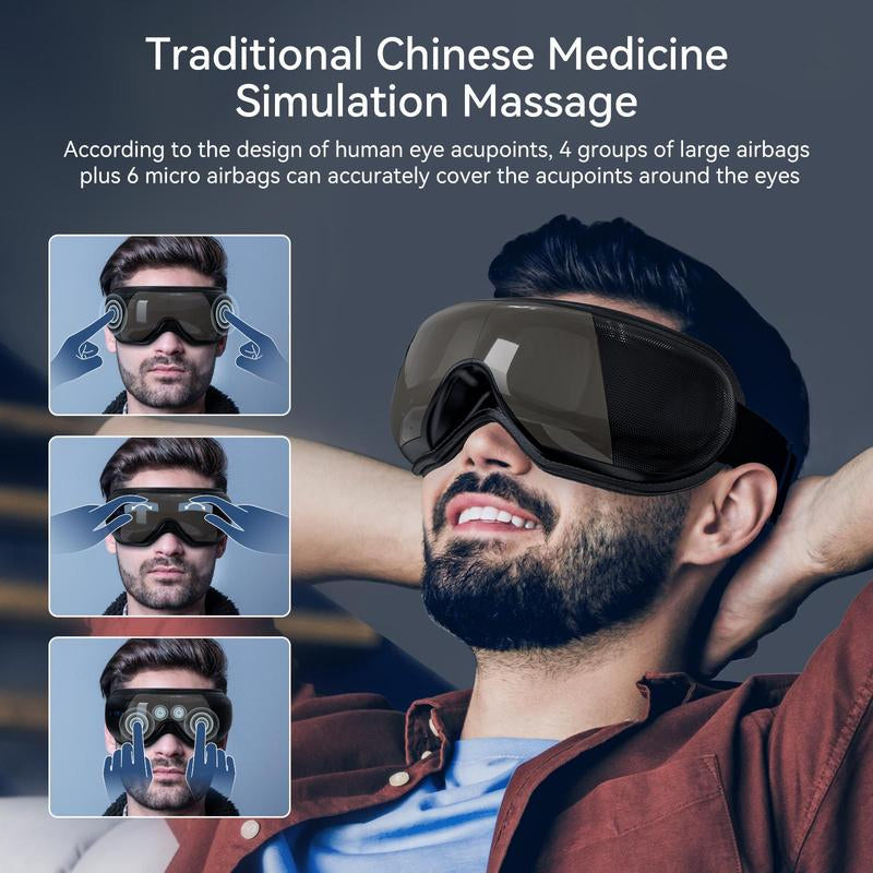 Eye Massager with Heat & Balloon Massage Wireless Music Rechargeable Adjustable Headband 4D Airbags LCD Display Relief Roller for Eye Fatigue Storage