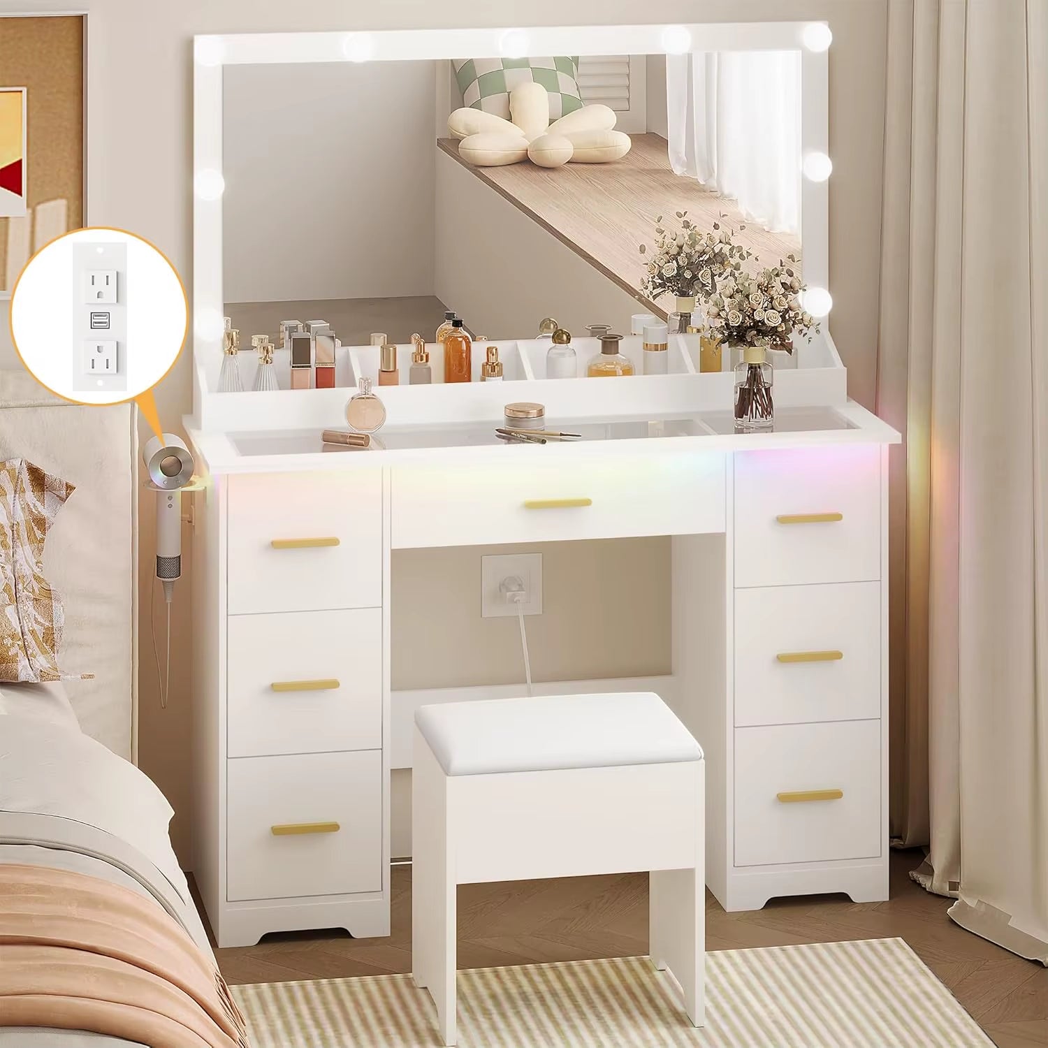 Large Vanity Desk with Mirror and Lights, Makeup Vanity with Mirror and LED Lights, RGB Cabinet & 3 Drawers, Makeup Desk With