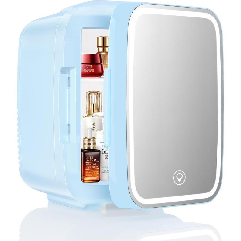 Mini Skincare Fridge with Dimmable LED Mirror,4Liter Cooler and Warmer for Makeup, Cosmetic, Beauty, Food, Small Refrigerator for Bedroomand Car Mini Fridge Minifridge Magic