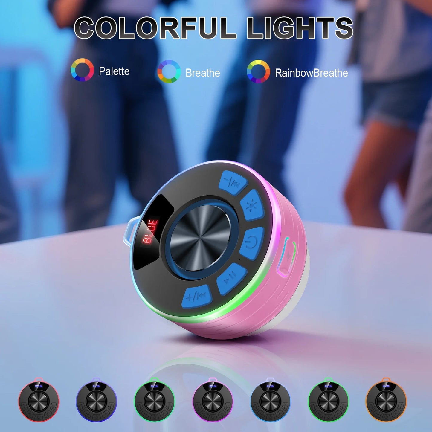 Bluetooth Speaker, Lpx7 Waterproof Shower Portable Speaker with LED Light, Bluetooth 5.4 HD Stereo Sound, Digital Display with Suction Cup, Wireless Speaker for Outdoor Party Beach Bathroom