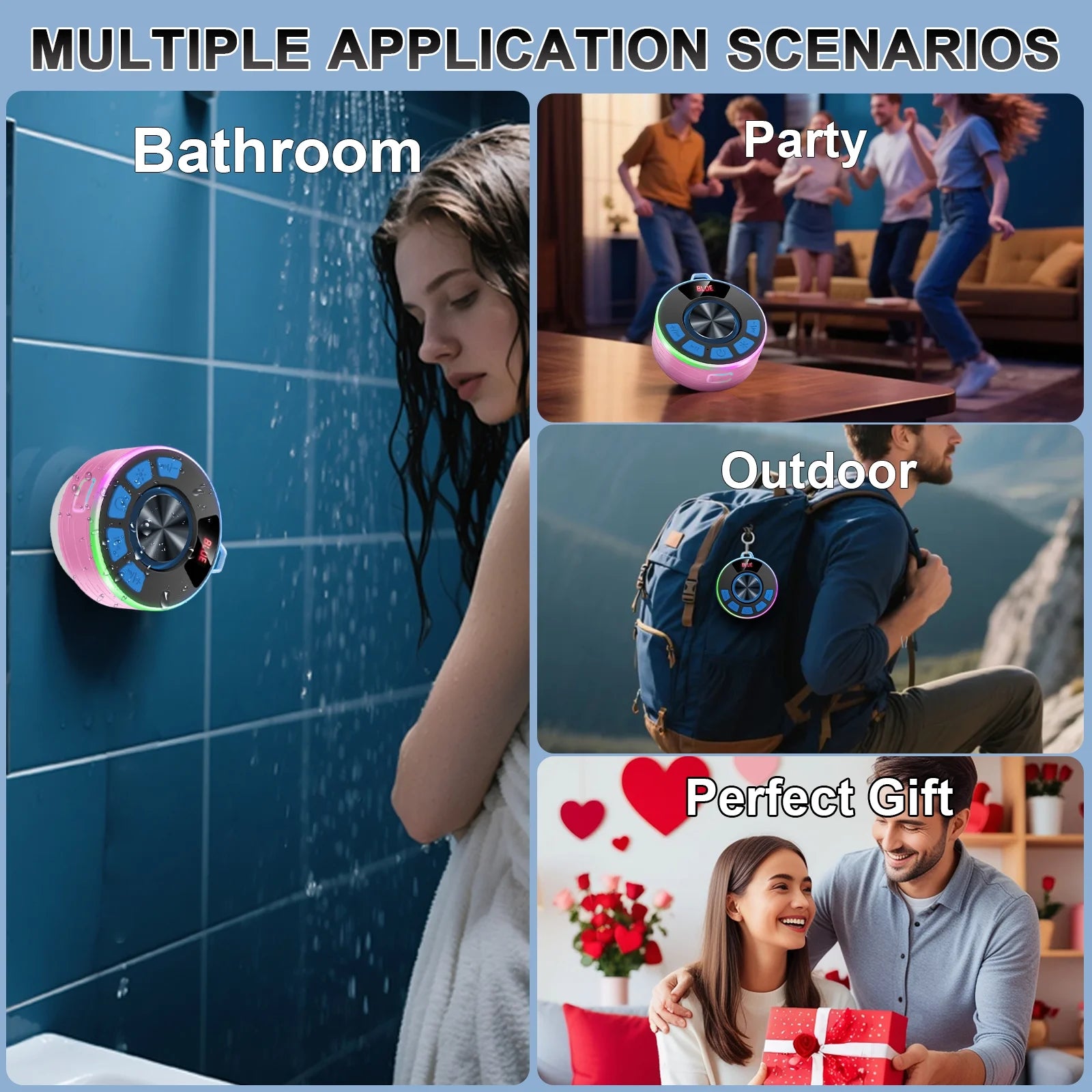 Bluetooth Speaker, Lpx7 Waterproof Shower Portable Speaker with LED Light, Bluetooth 5.4 HD Stereo Sound, Digital Display with Suction Cup, Wireless Speaker for Outdoor Party Beach Bathroom