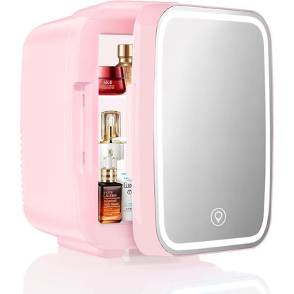 Mini Skincare Fridge with Dimmable LED Mirror,4Liter Cooler and Warmer for Makeup, Cosmetic, Beauty, Food, Small Refrigerator for Bedroomand Car Mini Fridge Minifridge Magic