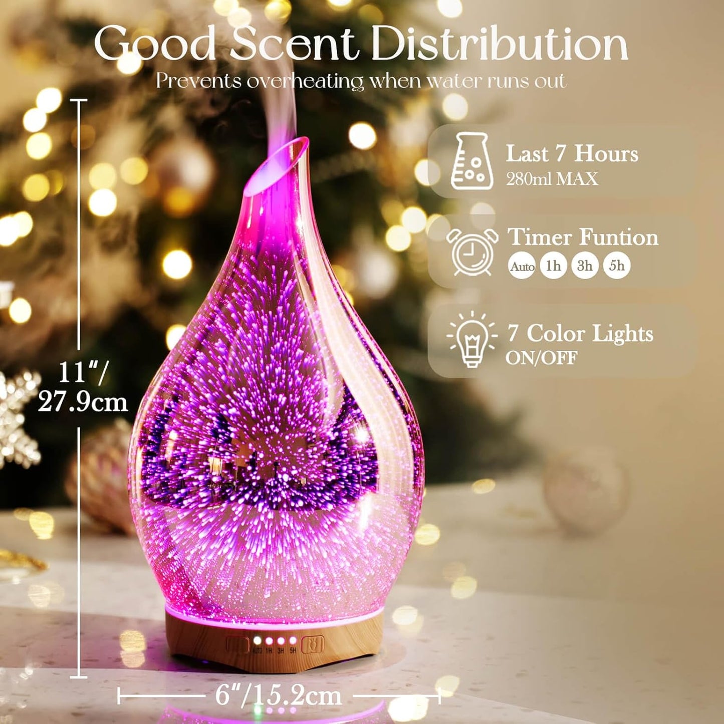 280Ml Essential Oil Diffuser, 3D Glass Aromatherapy Diffusor, Ultrasonic Cool Mist BPA Free Aroma Humidifier with Timer and Color Changing Function, Waterless Shut-Off for Home Office Room