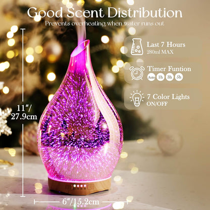280Ml Essential Oil Diffuser, 3D Glass Aromatherapy Diffusor, Ultrasonic Cool Mist BPA Free Aroma Humidifier with Timer and Color Changing Function, Waterless Shut-Off for Home Office Room