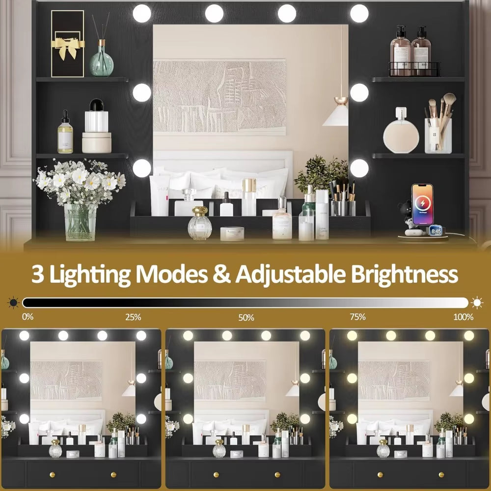 Large Vanity Desk with Mirror and Lights, Makeup Vanity with Mirror and LED Lights, RGB Cabinet & 3 Drawers, Makeup Desk With