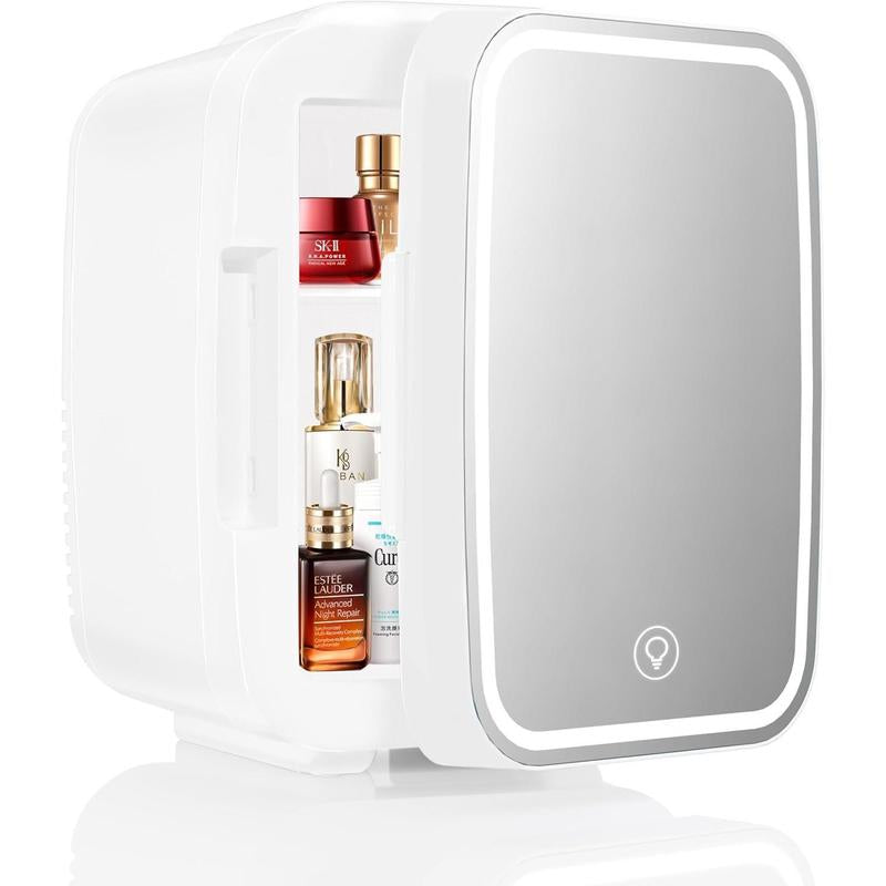 Mini Skincare Fridge with Dimmable LED Mirror,4Liter Cooler and Warmer for Makeup, Cosmetic, Beauty, Food, Small Refrigerator for Bedroomand Car Mini Fridge Minifridge Magic