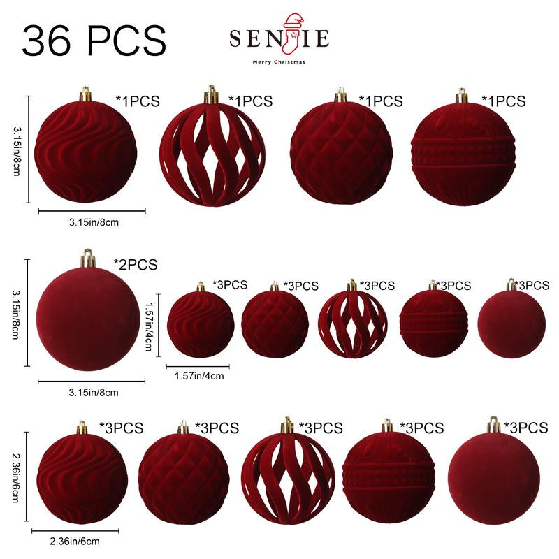 36 PCS Velvet Christmas Balls, Flocked Christmas Tree Ball Ornaments, Plastic Balls Xmas Decorative Hanging Ornaments Christmas Tree Decoration